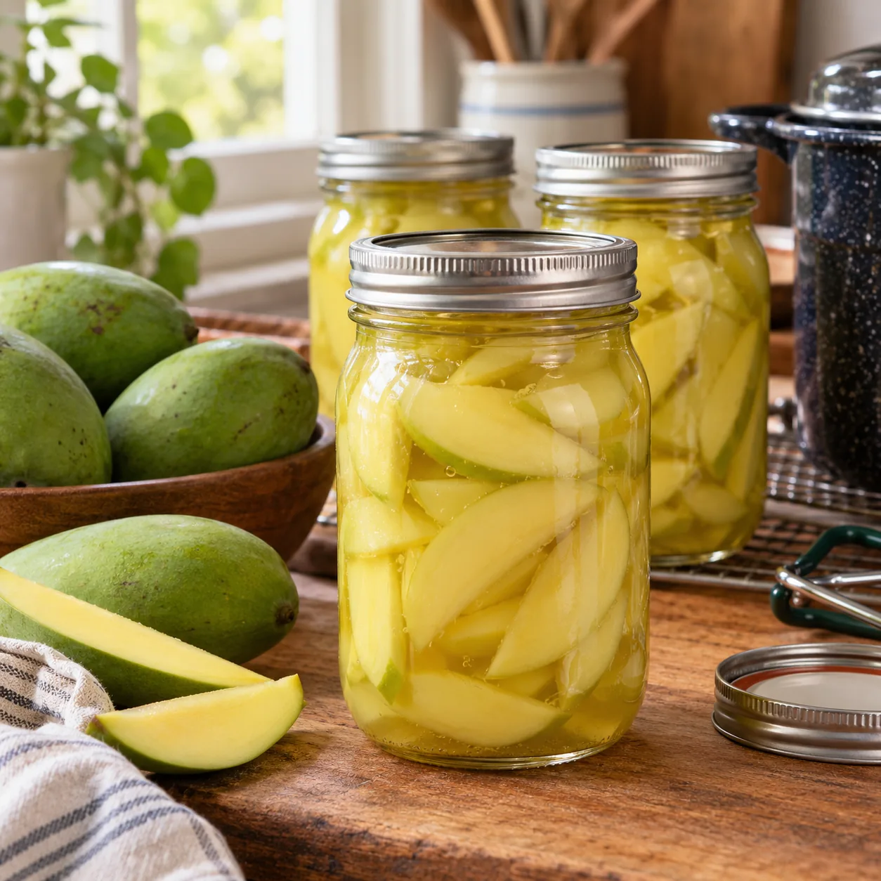 Home-canned sliced green mangoes