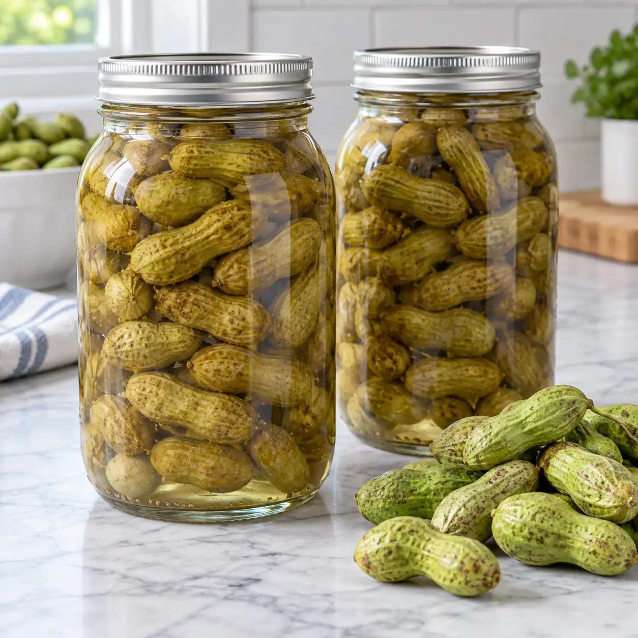 Two sealed jars of pressure-canned green peanuts in salted liquid