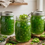 Green Pepper Jelly Recipe in glass canning jars — home canning recipe