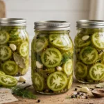 Green Tomato Crisp Pickles in glass canning jars — home canning recipe