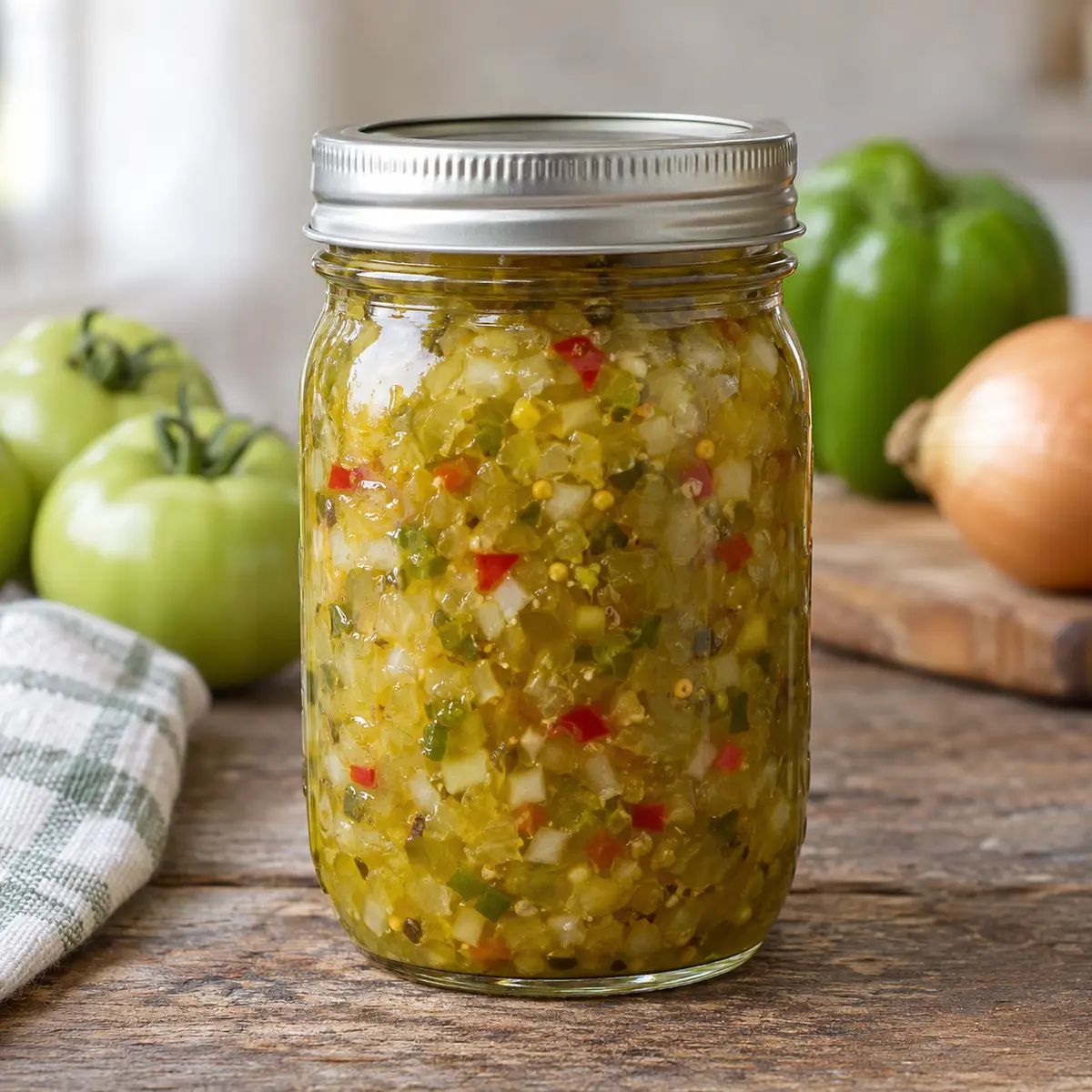 Jar of finely chopped green tomato relish
