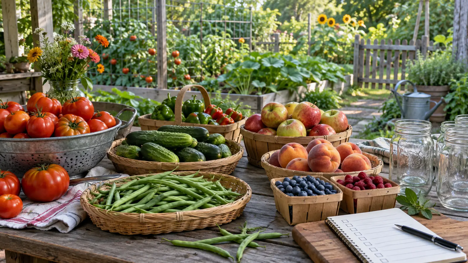 Fresh tomatoes, cucumbers, beans, peppers, apples, peaches and berries sorted in baskets beside empty canning jars