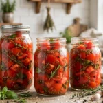 Herb Seasoned Tomatoes in glass canning jars — home canning recipe