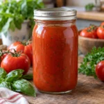 Jar of herbed tomato juice with tomatoes and fresh herbs