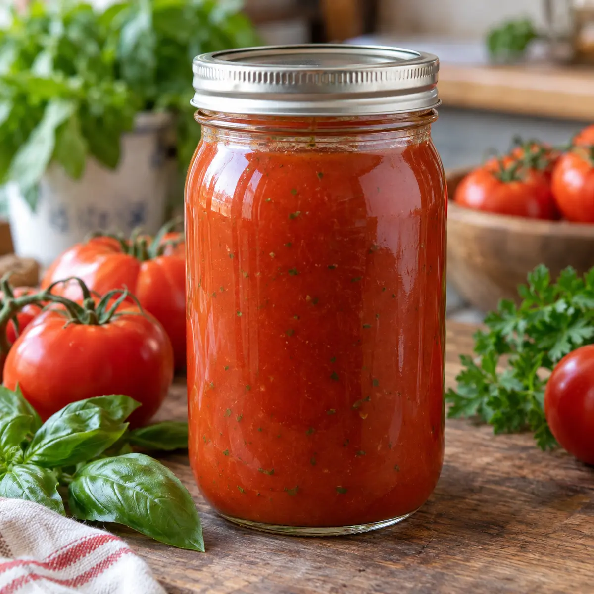 Jar of herbed tomato juice with tomatoes and fresh herbs