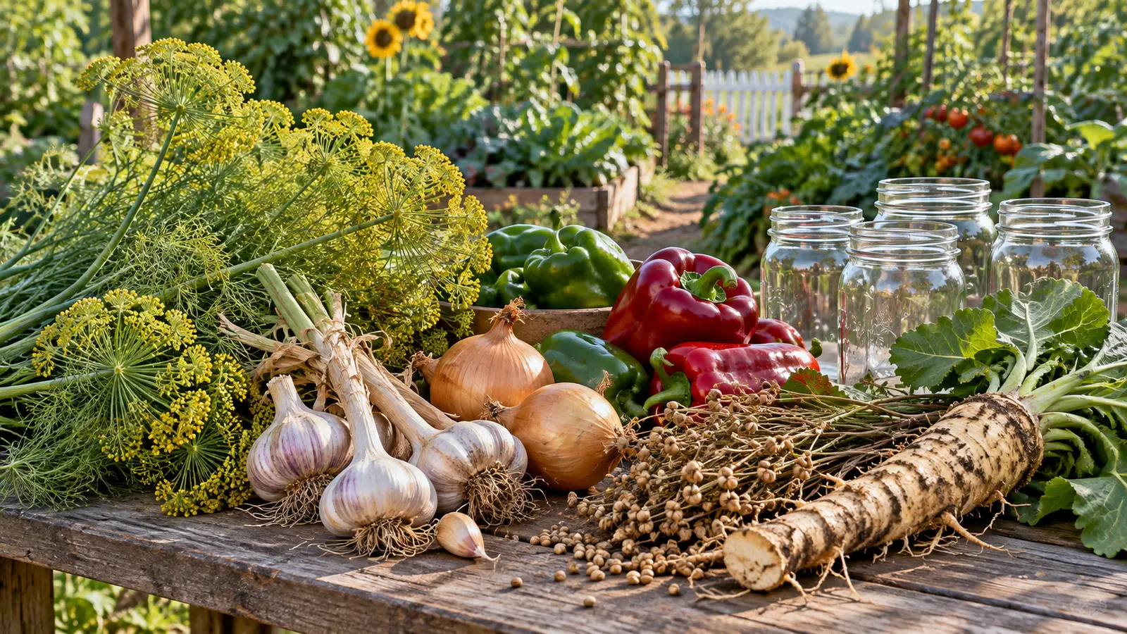 Flowering dill, garlic, onions, peppers, mustard seed and horseradish beside empty canning jars