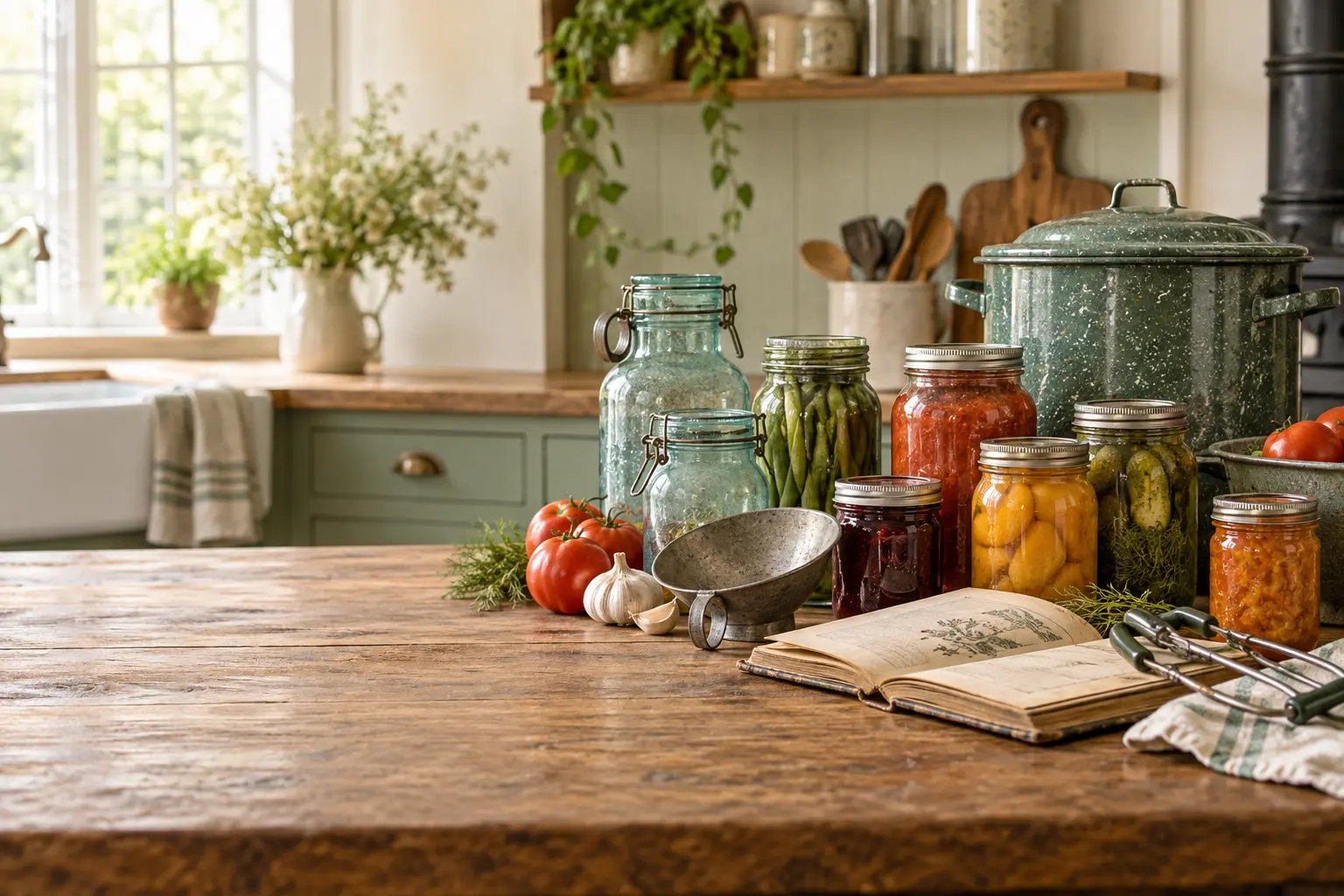 Antique preserving jars, vintage canning tools, a historical booklet, and modern canned foods