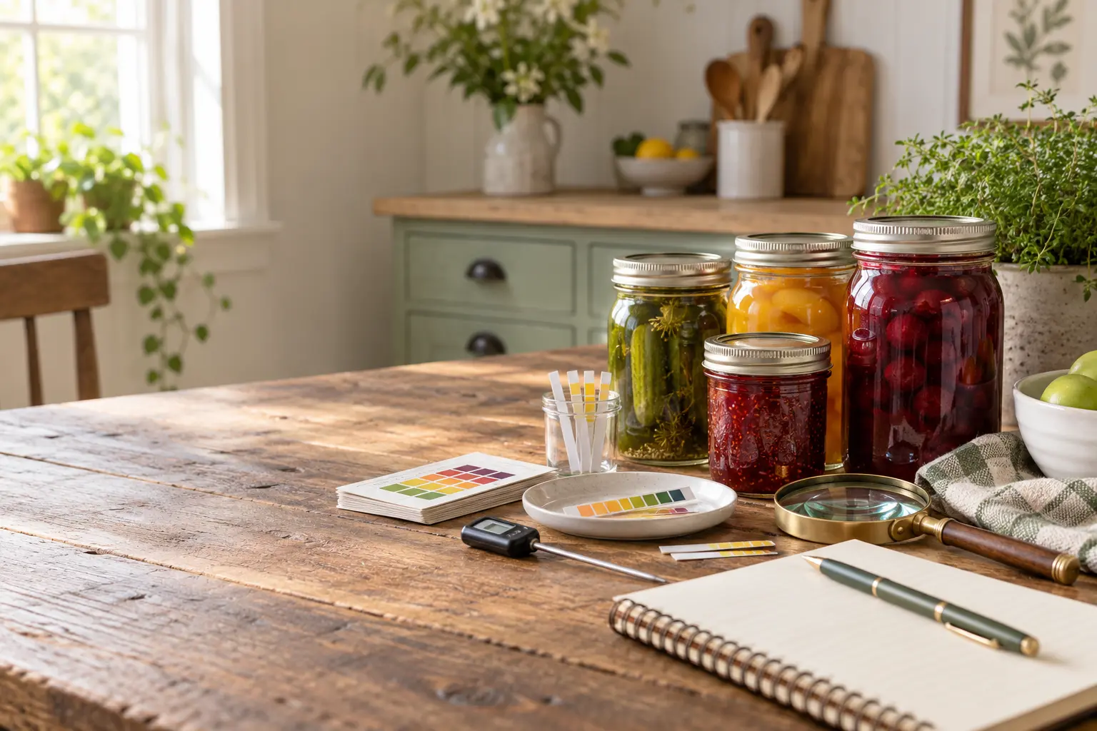 Methodology 1 Home-canning research workspace with sealed jars, pH strips, thermometer, notebook, and magnifying glass