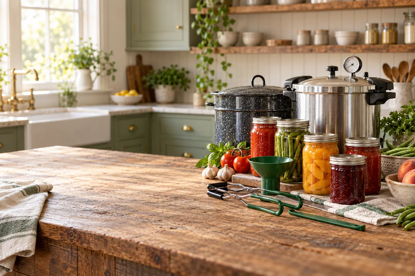Safe home-canning workstation with pressure and boiling-water canners, tools, produce, and sealed jars