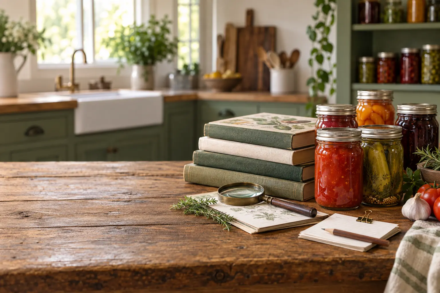 Sources & Trust 1 Authoritative home-canning reference books, citation notes, sealed jars, and a magnifying glass