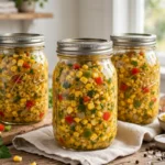 Home-Style Corn Relish in glass canning jars — home canning recipe