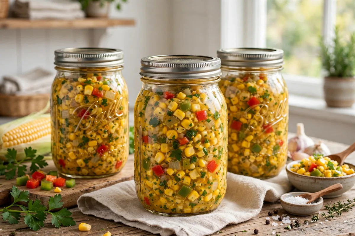 Home-Style Corn Relish in glass canning jars — home canning recipe