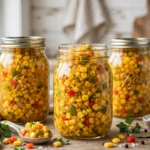 Hurryin Hoosiers Corn Relish in glass canning jars — home canning recipe