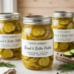 James Reinneck’s White Ribbon Bread and Butter Pickles in glass canning jars — home canning recipe
