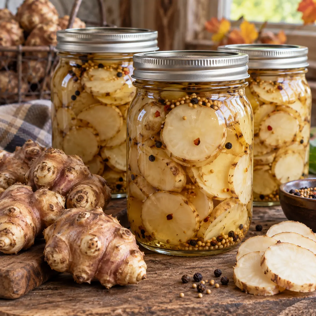 Sliced Jerusalem artichoke pickles in sealed home-canning jars with fresh sunchoke tubers