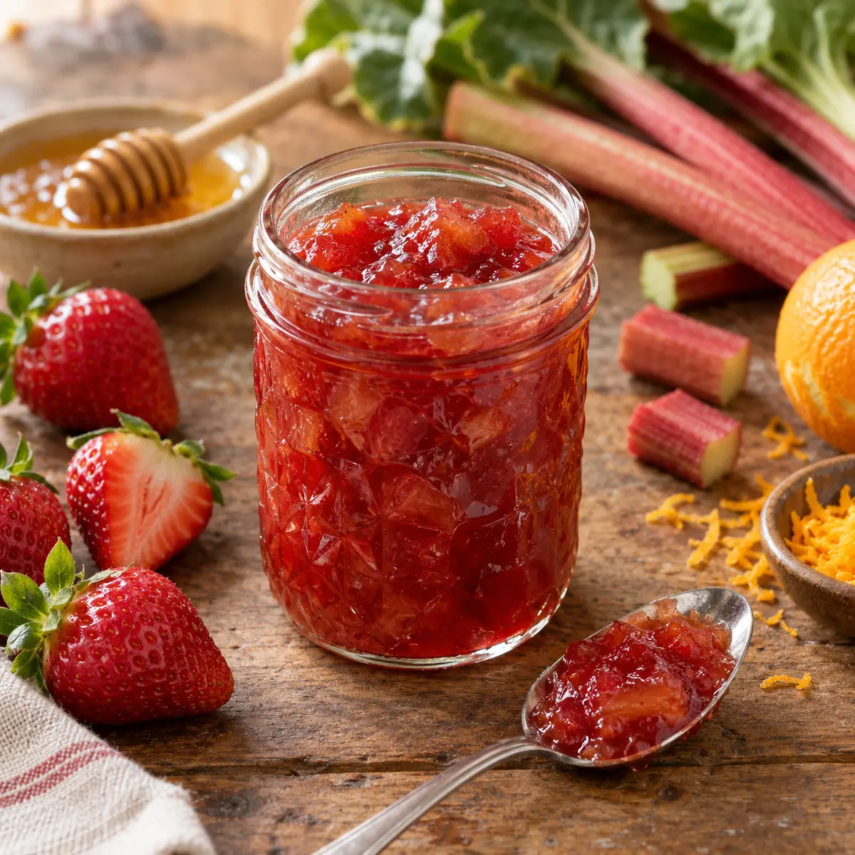 Strawberry-rhubarb marmajam in a mason jar with honey and orange zest