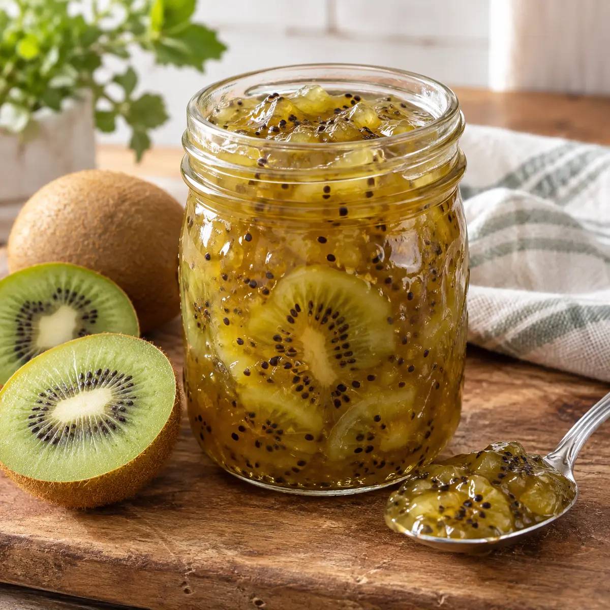 Golden-green kiwi preserves in a mason jar with visible kiwi slices