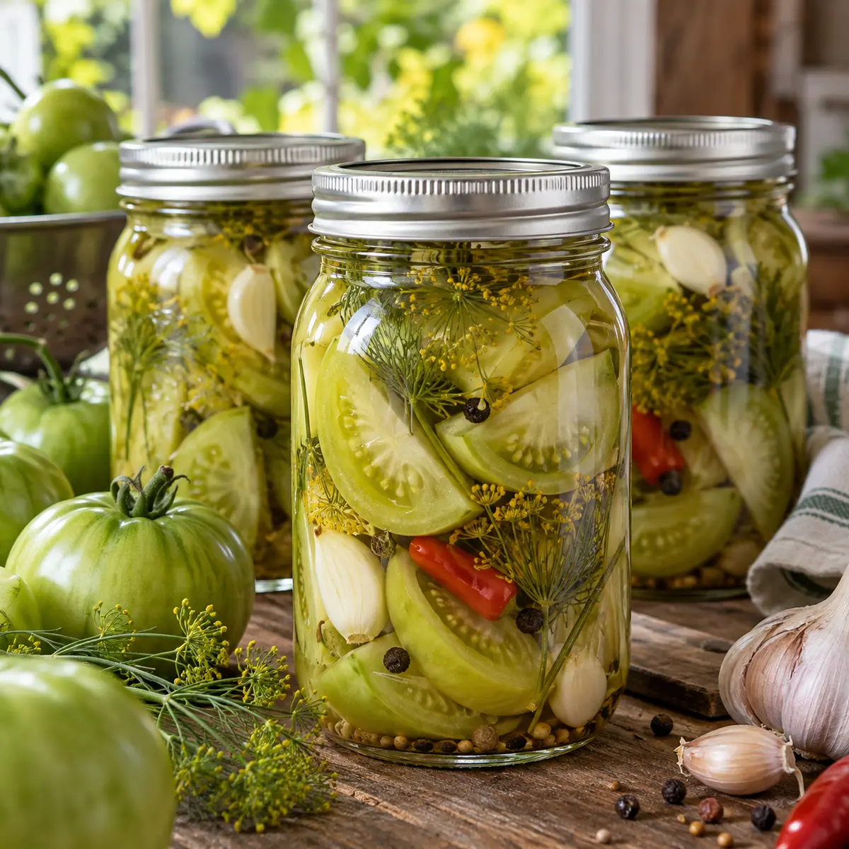 Green tomato wedges with dill and garlic in sealed home-canning jars