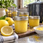 Home-canned golden lemon curd with fresh lemons