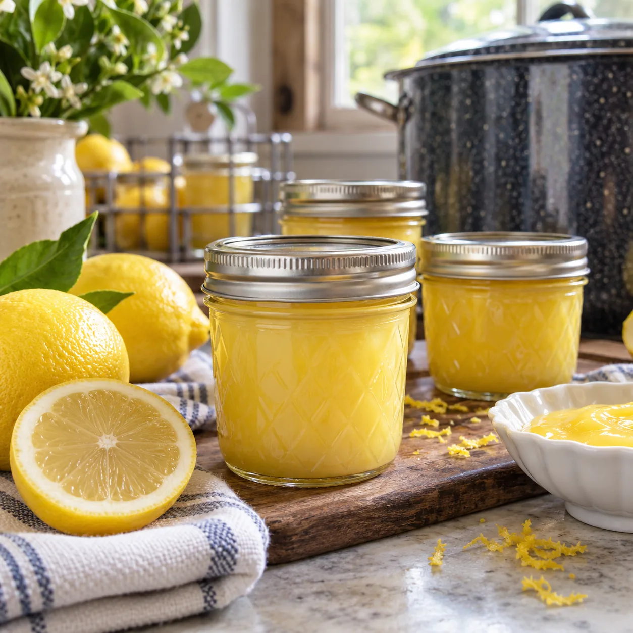 Home-canned golden lemon curd with fresh lemons
