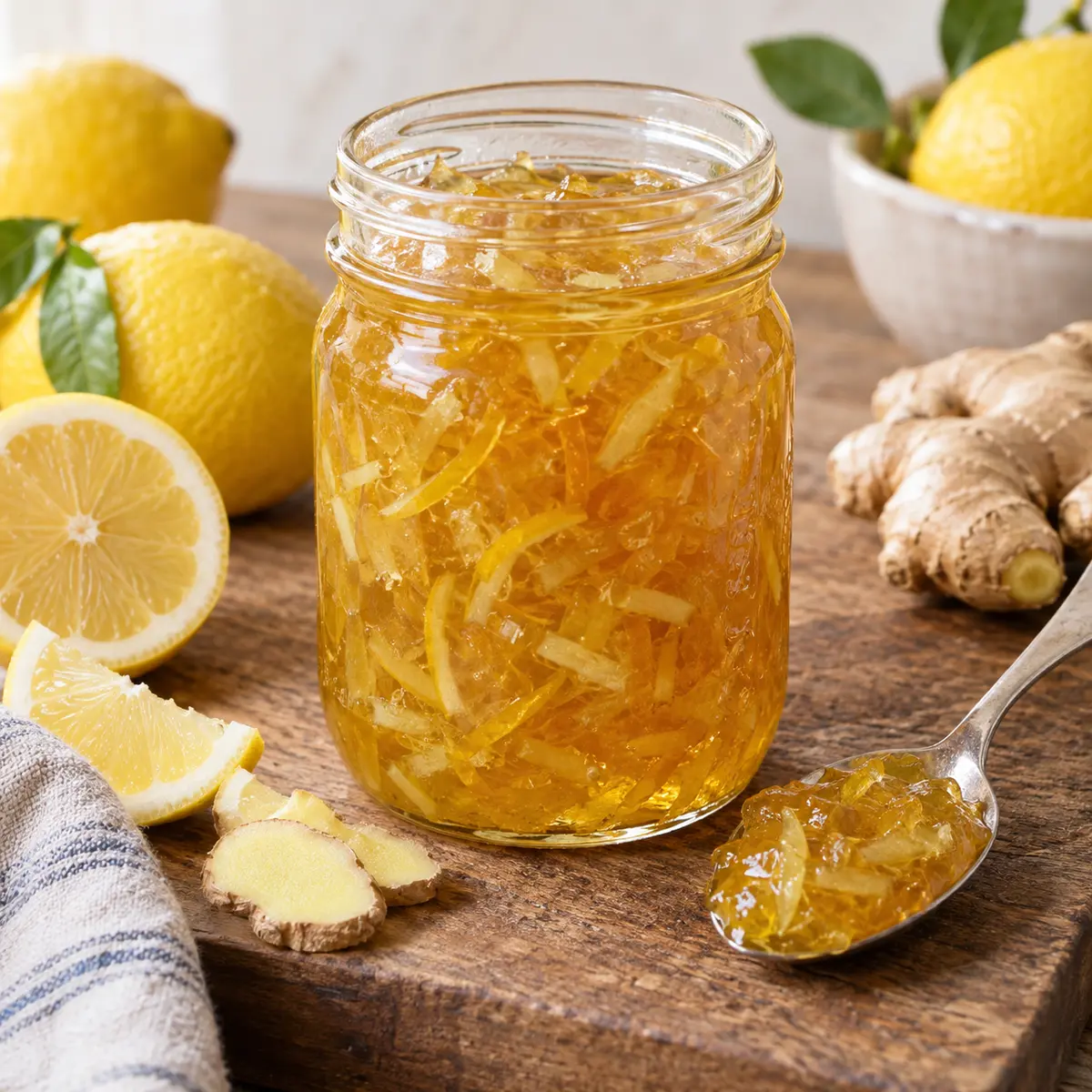 Golden lemon ginger marmalade in a mason jar with lemon peel and ginger slivers