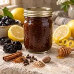 Sealed jar of lemon prune honey butter with prunes, lemons, honey, and warm spices