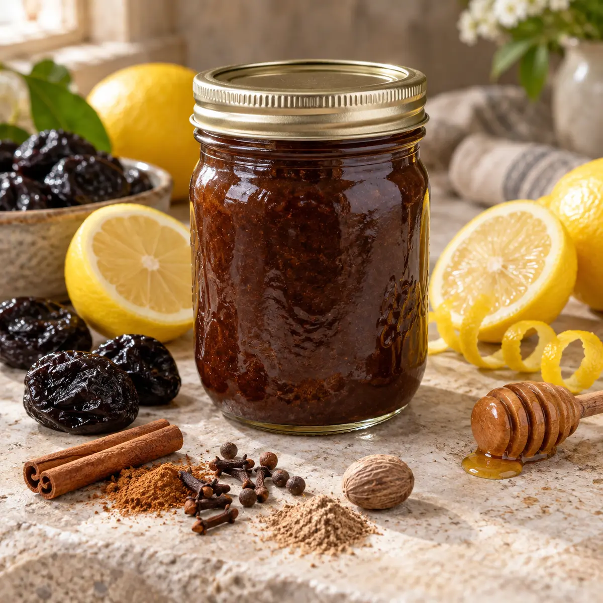 Sealed jar of lemon prune honey butter with prunes, lemons, honey, and warm spices