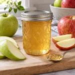 Sealed jar of pale golden light apple jelly with fresh apple slices