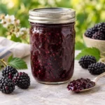 Sealed jar of light blackberry jam with ripe blackberries and a spoonful of jam