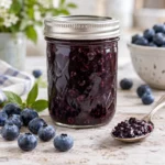 Sealed jar of light blueberry jam with fresh blueberries and a spoonful of jam