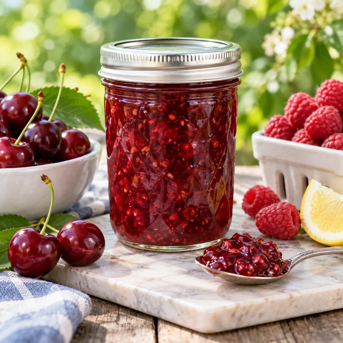 Light Cherry Raspberry Preserves – No Sugar Needed Pectin — Bernardin 1 Sealed jar of light cherry raspberry preserves with sweet cherries, raspberries, and lemon