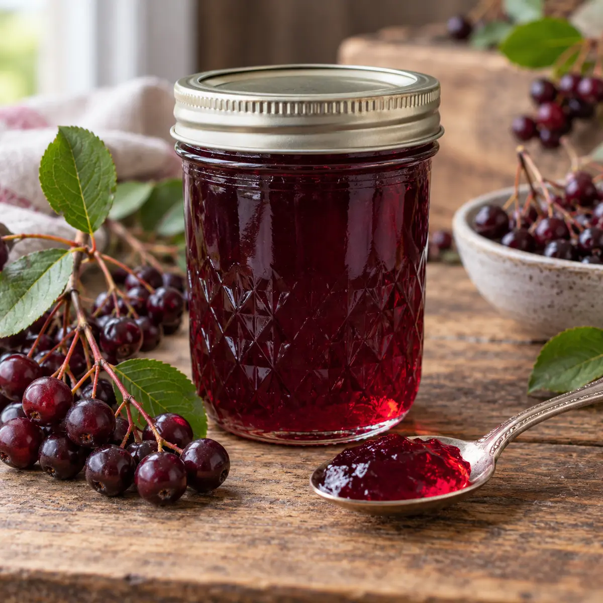 Sealed jar of deep garnet chokecherry jelly with chokecherries on stems