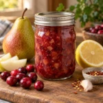 Sealed jar of cranberry pear dressing with pears, cranberries, lemon, and chili flakes