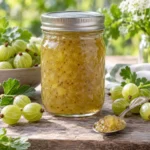 Sealed jar of light green-gold gooseberry jam with fresh green gooseberries