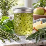 Sealed jar of pale green herb jelly with basil, mint, thyme, sage, and apple