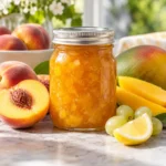 Sealed jar of golden mango peach jam with peaches, mango, pale grapes, and lemon