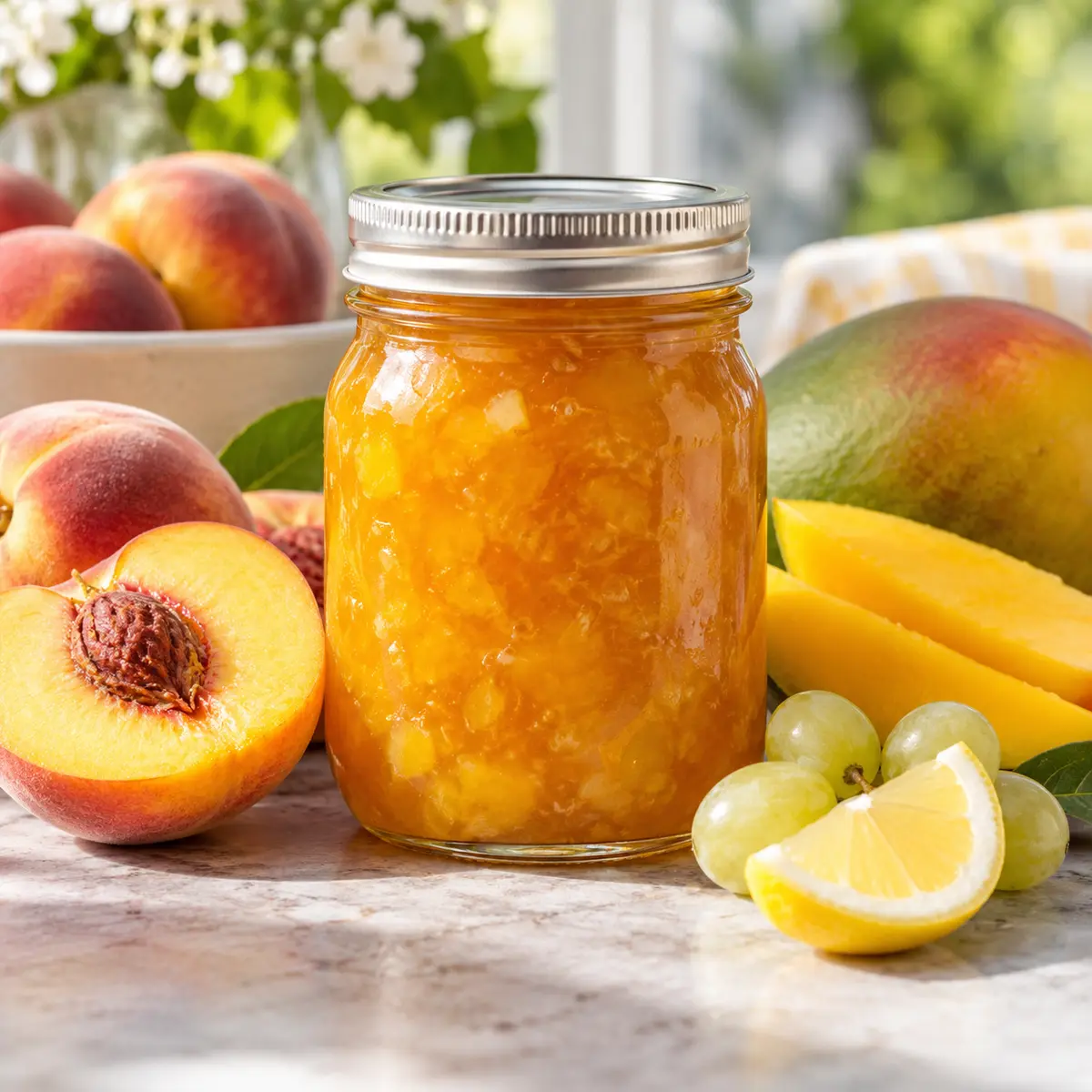 Sealed jar of golden mango peach jam with peaches, mango, pale grapes, and lemon
