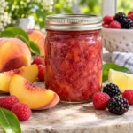 Sealed jar of peach berry spread with peaches, raspberries, blackberries, and lemon