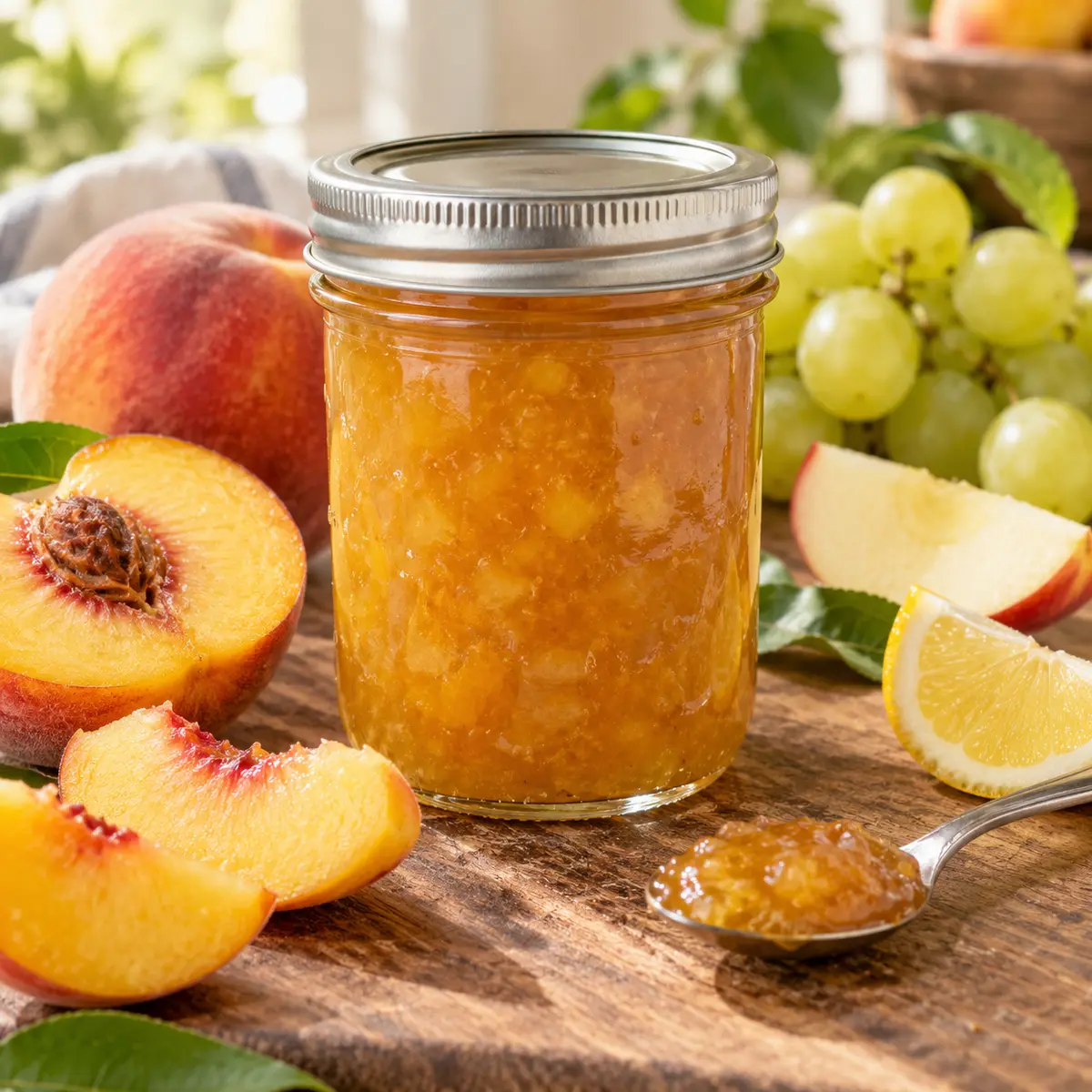 Light Peach Jam – No Sugar Needed Pectin — Bernardin 1 Sealed jar of golden light peach jam with peaches, pale grapes, apple, and lemon