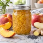 Sealed jar of golden peach poppy seed dressing with peaches, apple, ginger, and poppy seeds