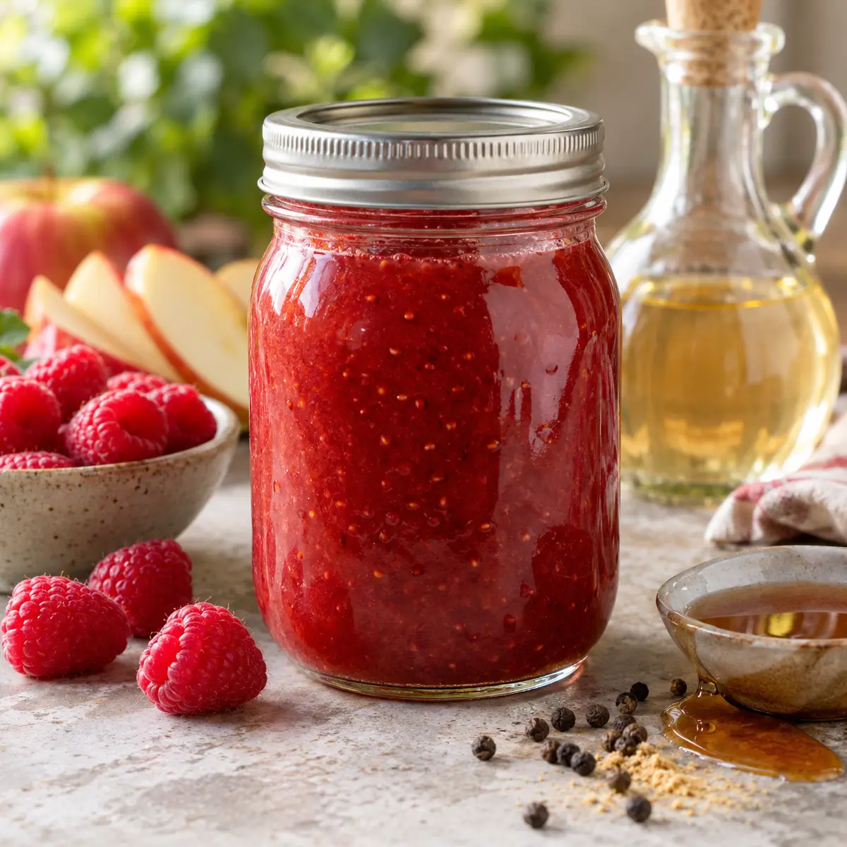 Sealed jar of raspberry dressing with raspberries, apple, vinegar, peppercorns, and maple syrup