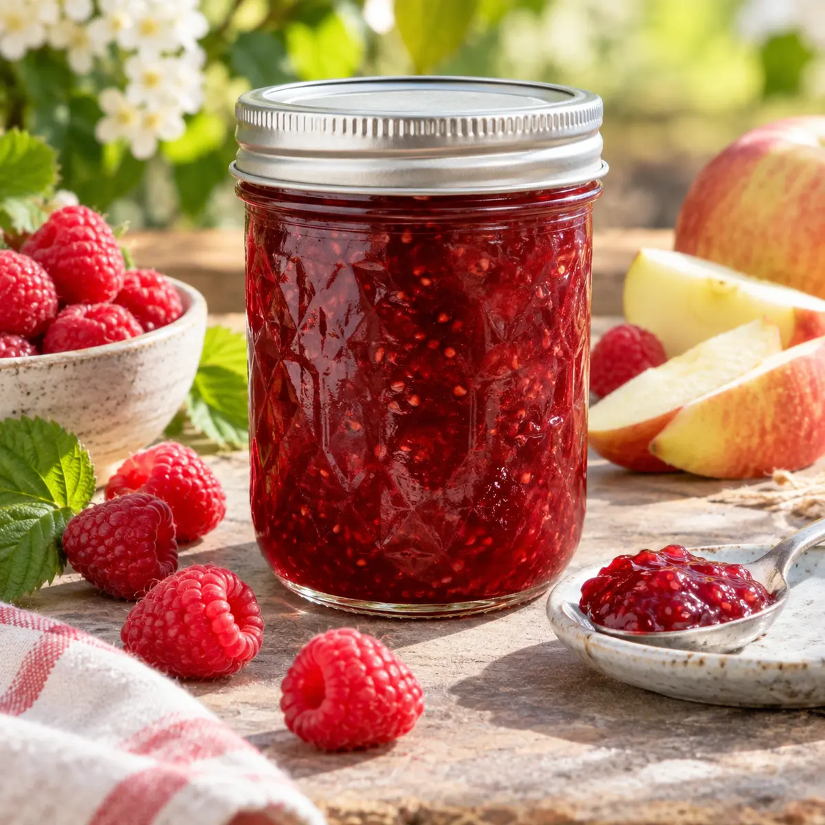 Sealed jar of light raspberry jam with fresh raspberries and apple slices