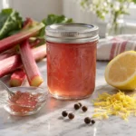 Sealed jar of rose-pink rhubarb jelly with rhubarb, lemon, zest, and allspice