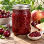Sealed jar of light sour cherry jam with tart cherries and apple slices