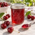Sealed jar of light sour cherry jelly surrounded by ripe red cherries