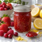 Sealed jar of strawberry marmalade with strawberries, berries, lemon, and zest