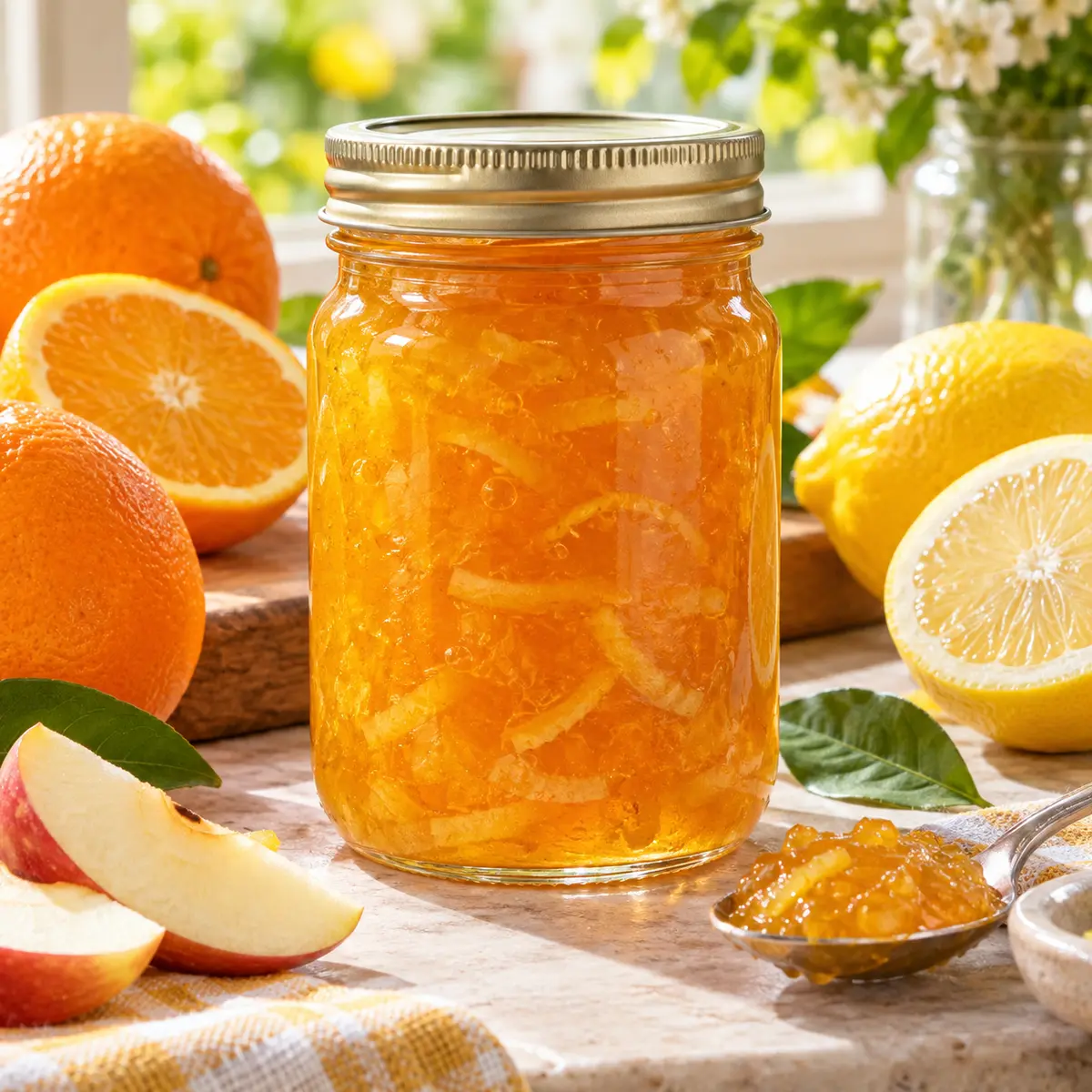 Sealed jar of golden citrus marmalade with oranges, lemons, and apple slices