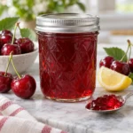 Sealed jar of light cherry jelly with red cherries and a lemon wedge