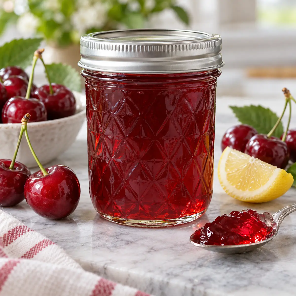 Sealed jar of light cherry jelly with red cherries and a lemon wedge