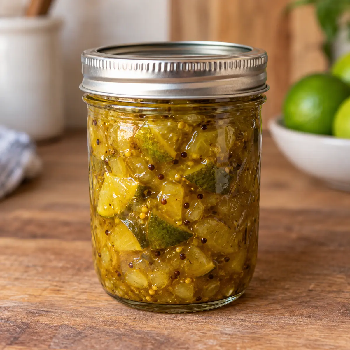 Jar of chunky golden-green lime pickle